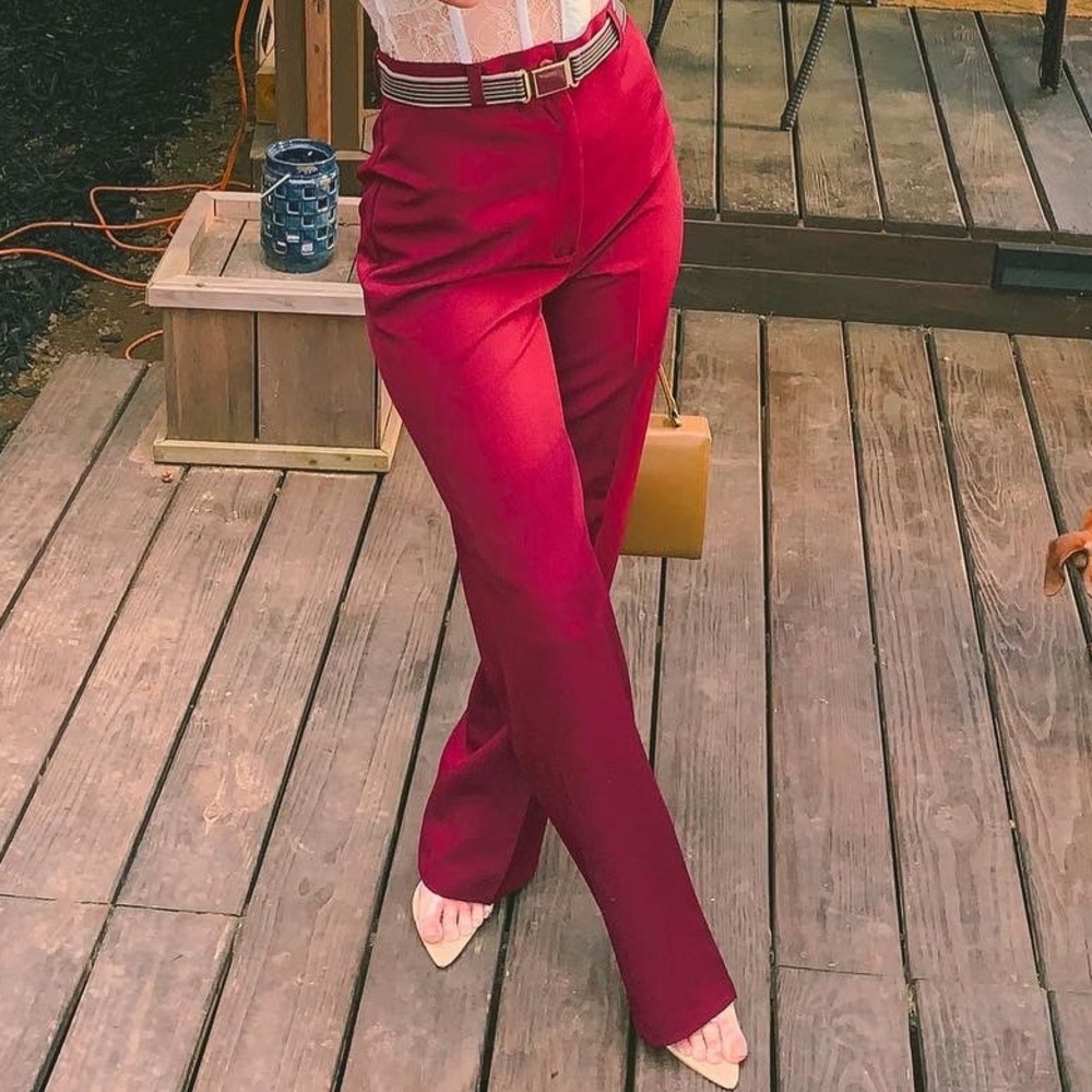 Maroon High waisted belted trousers